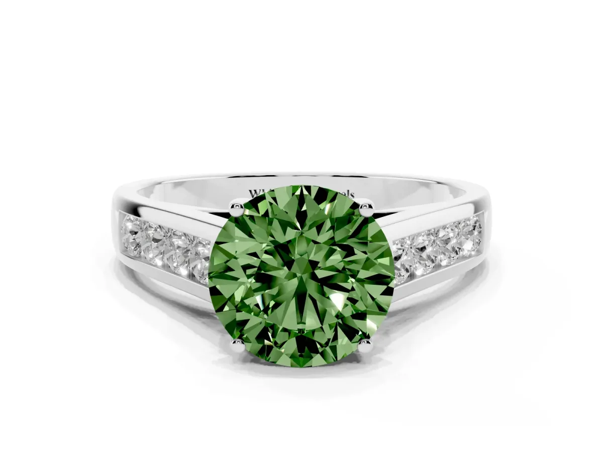 Fancy Green Round Cut Brilliant Channel-Set Solitaire Ring with Four-Prong Setting Silver