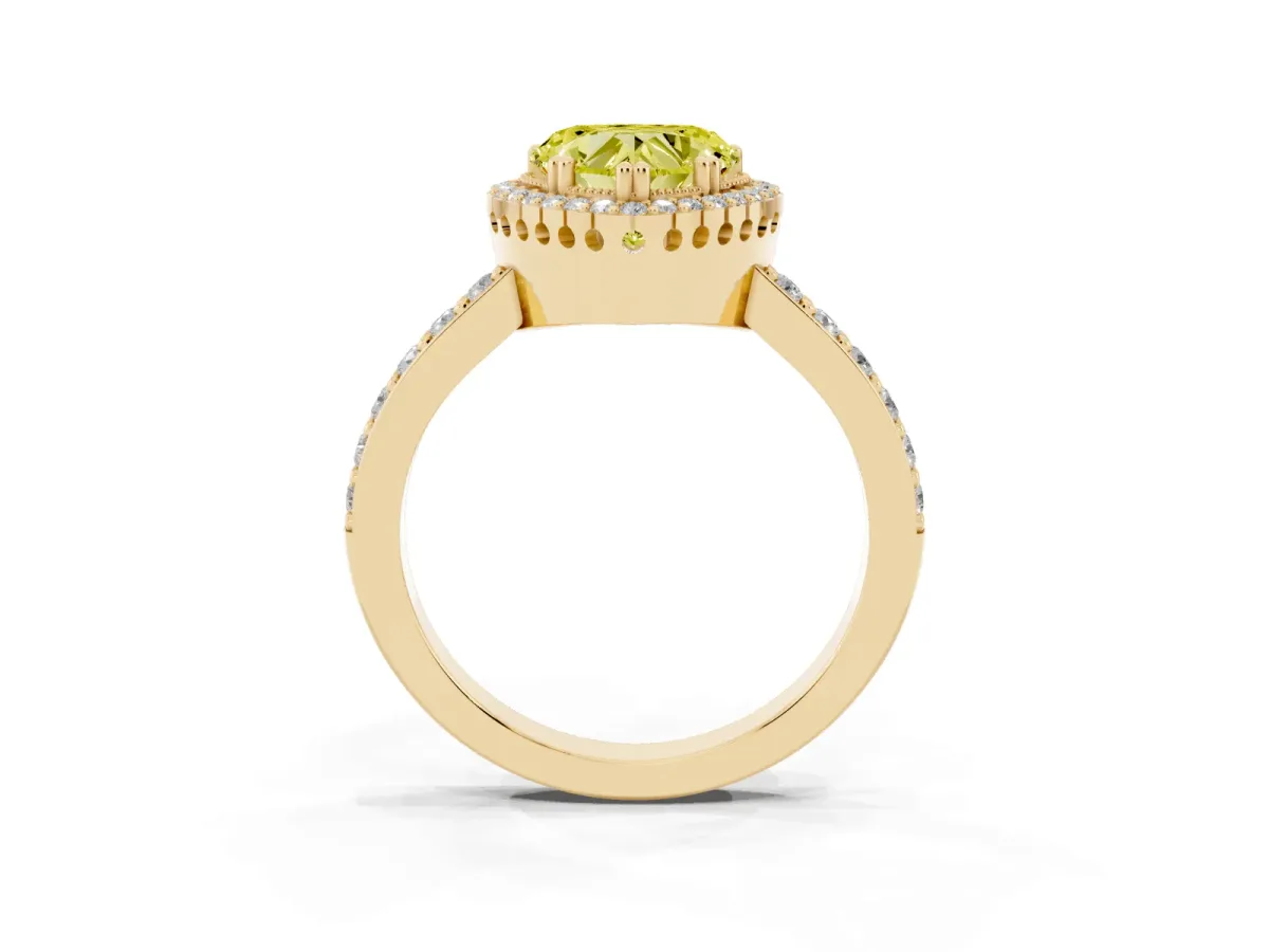 Fancy Yellow Heart Cut Cut Diamond Halo Engagement Ring with Milgrain Detail and Pavé Band Yellow gold
