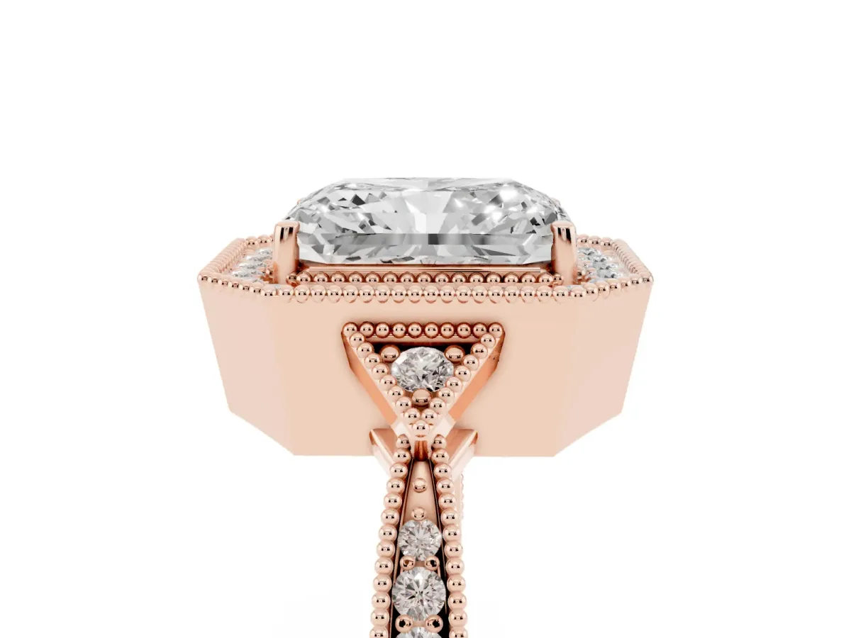 Radiant Cut Halo Round Diamond Milgrain Pave Engagement Ring Rose gold