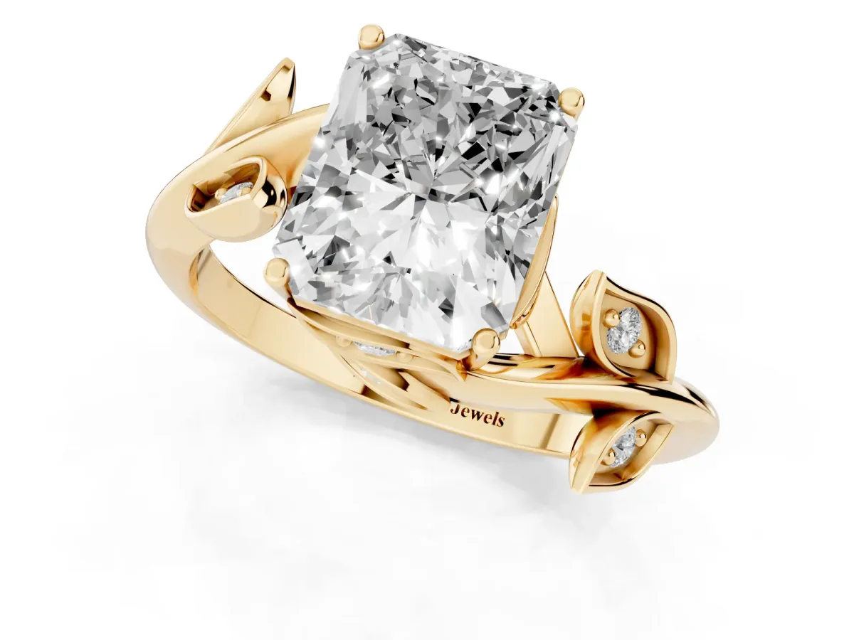 Radiant Cut Solitaire Twist Engagement Ring with Leaf Accents and Prong Setting Yellow gold