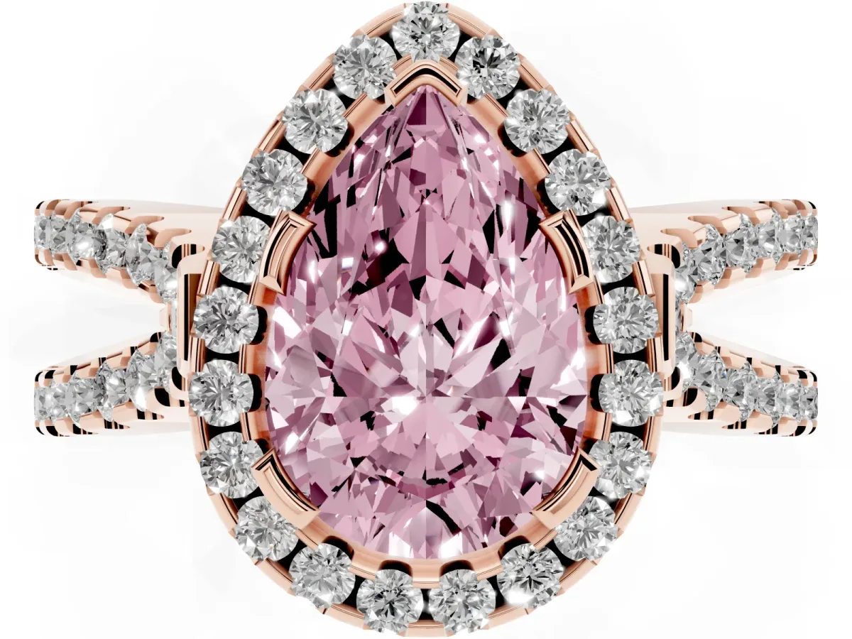 Fancy Pink Pear Cut Diamond Halo Ring with Split Shank Pavé Band and Prong Setting Rose gold