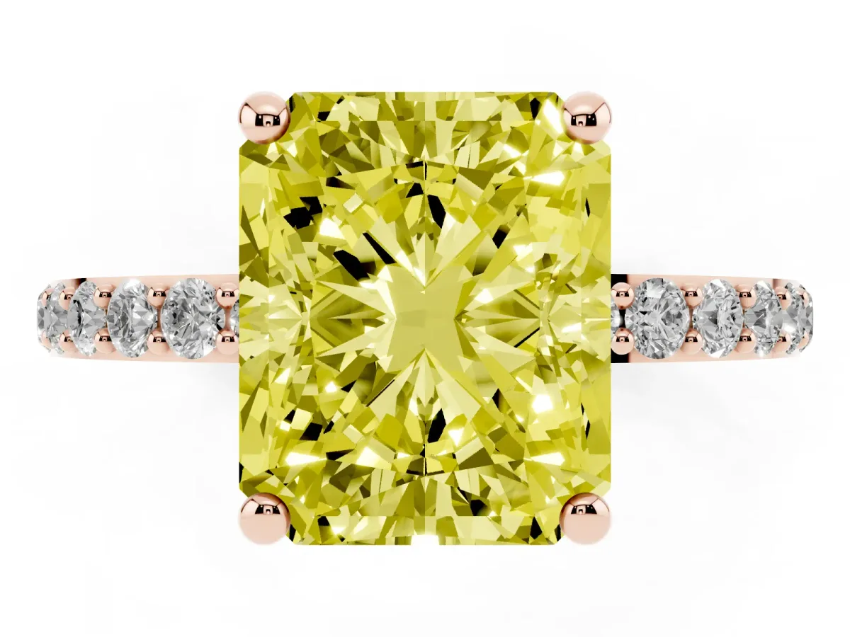 Fancy Yellow Radiant Cut Diamond Solitaire Ring with Round Pavé Band and Prong Setting Rose gold