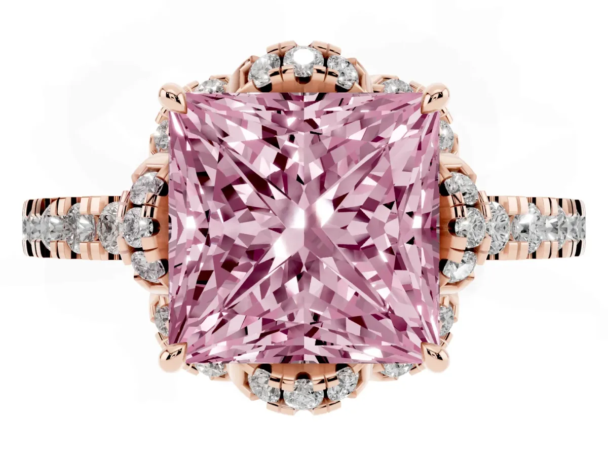 Fancy Pink Princess Cut Diamond Halo Pave Band with Four-Prong Setting Rose gold