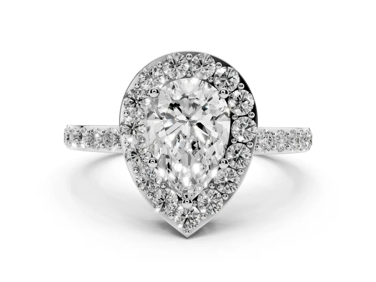 Pear Cut Halo Diamond Pavé Band Ring with Prong Setting Silver