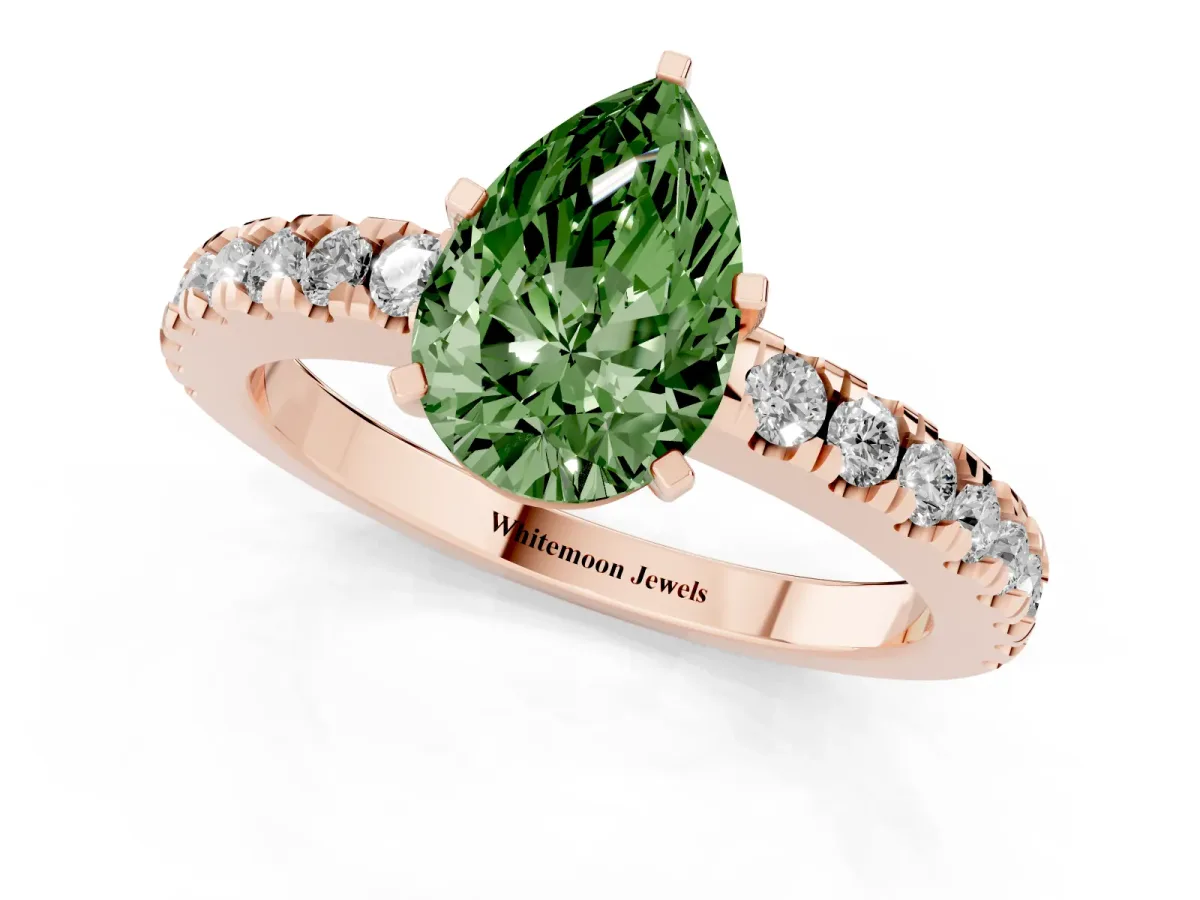 Fancy Green Pear Cut Solitaire Diamond with Pavé Band and Four-Prong Setting Rose gold