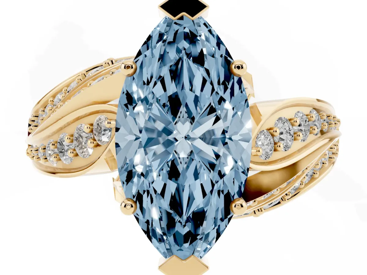 Fancy Blue Marquise Cut Diamond Solitaire Ring with Prong Setting and Twisted Pavé Band Yellow gold