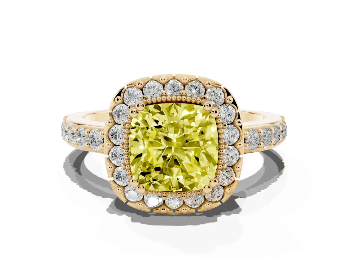 Fancy Yellow Cushion Cut Diamond Halo Ring with Pavé Band and Prong Setting Yellow gold