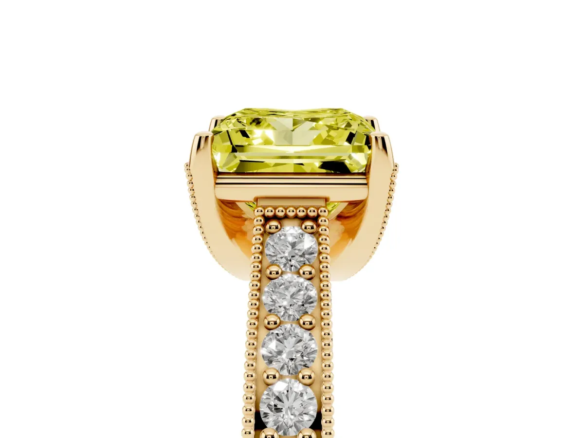 Fancy Yellow Princess Cut Cut Diamond Solitaire Ring with Milgrain Pave Band and Four Prong Setting Yellow gold