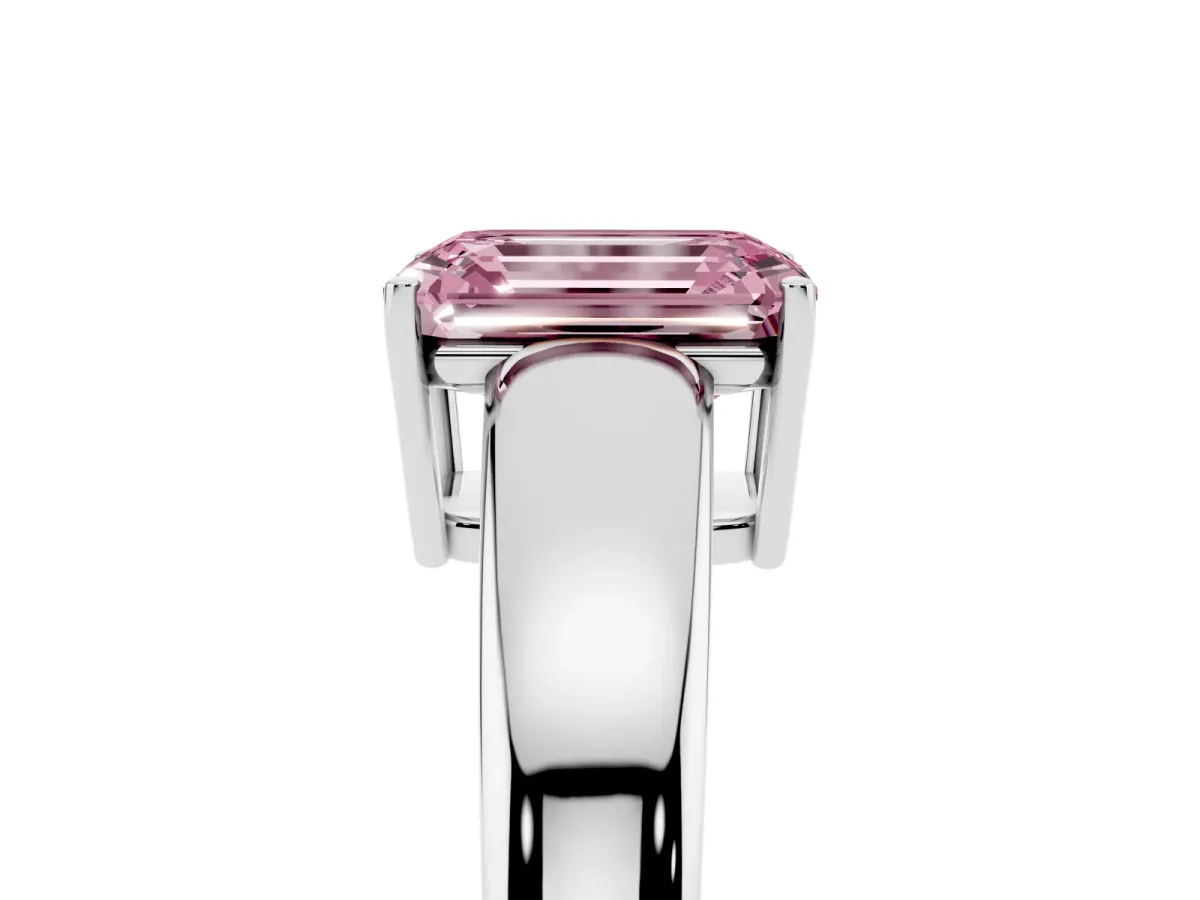 Fancy Pink Emerald Cut Solitaire Diamond Ring with Tapered Band and Four-Prong Setting White gold