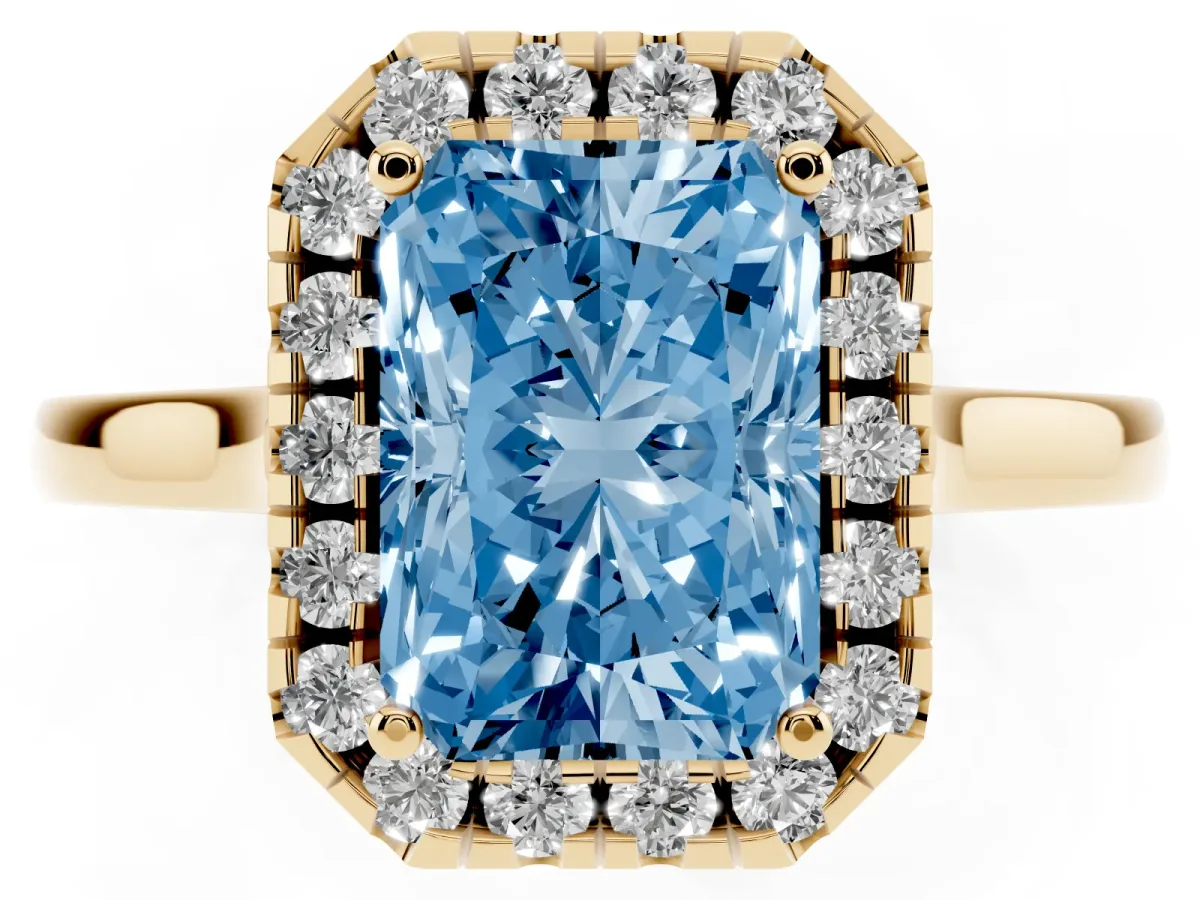 Fancy Blue Radiant Cut Halo Round Diamond Solitaire Ring with Pavé Band and Four-Prong Setting Yellow gold