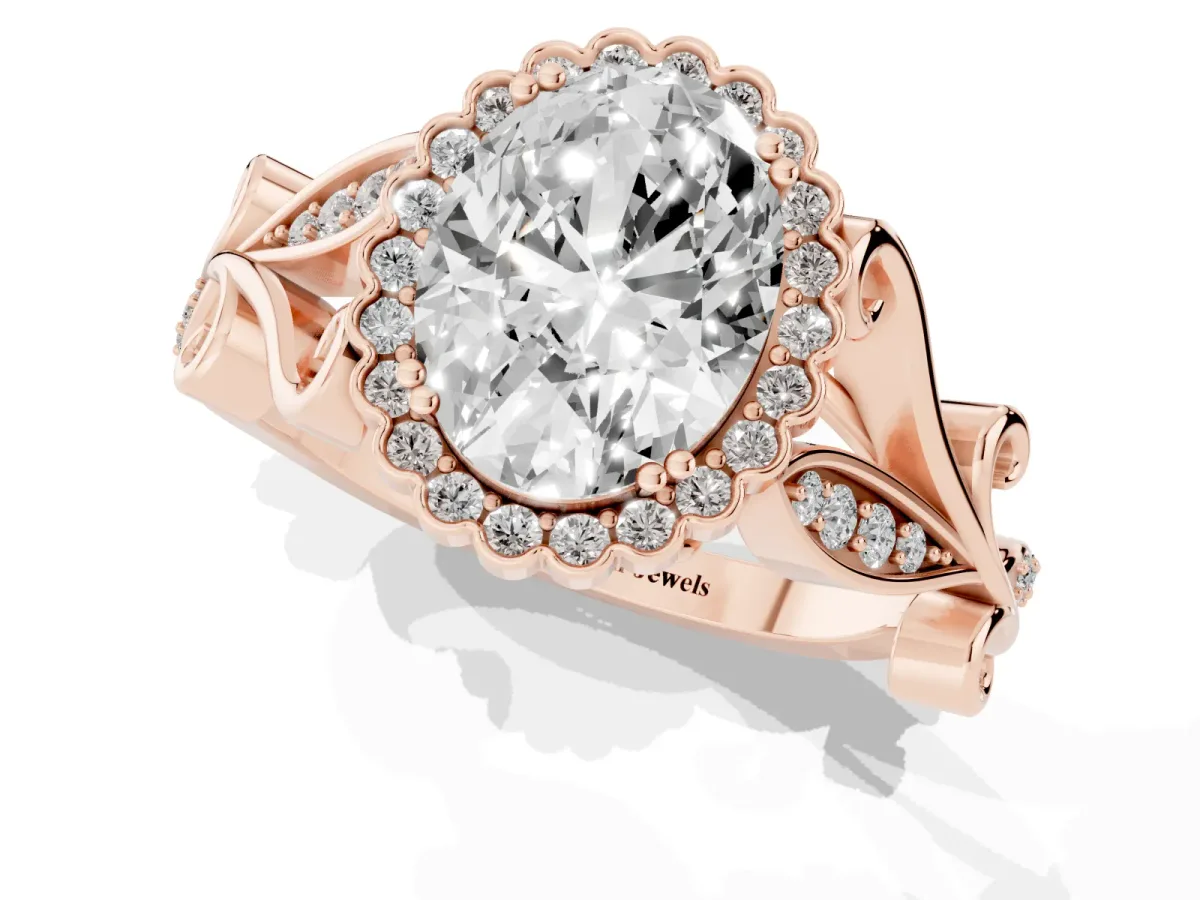 Oval Cut Diamond Halo Ring with Vintage Split Shank and Four-Prong Setting Rose gold