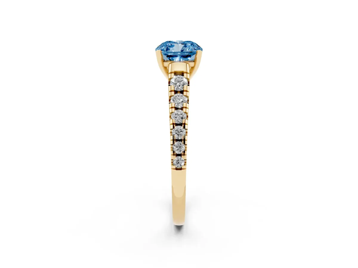 Fancy Blue Cushion Cut Diamond Cathedral Solitaire Ring with Round Pavé Band Yellow gold