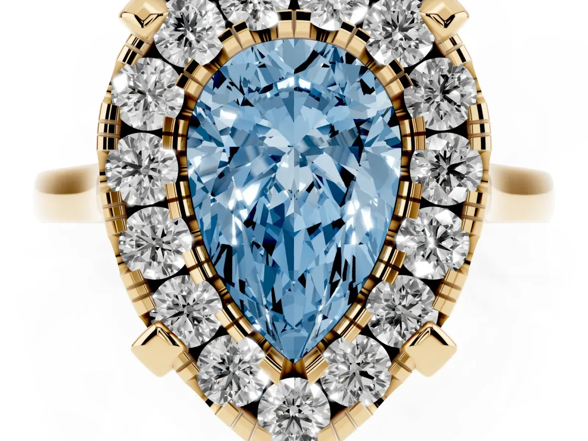 Fancy Blue Pear Cut Diamond Cluster Halo Solitaire with Four-Prong Setting Yellow gold