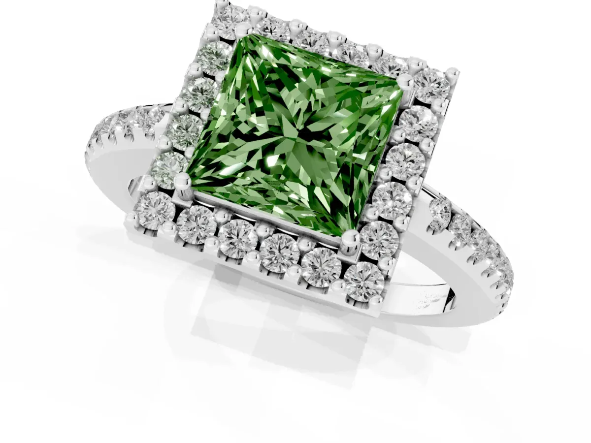 Fancy Green Princess Cut Diamond Pavé Halo Ring with Four-Prong Setting Silver