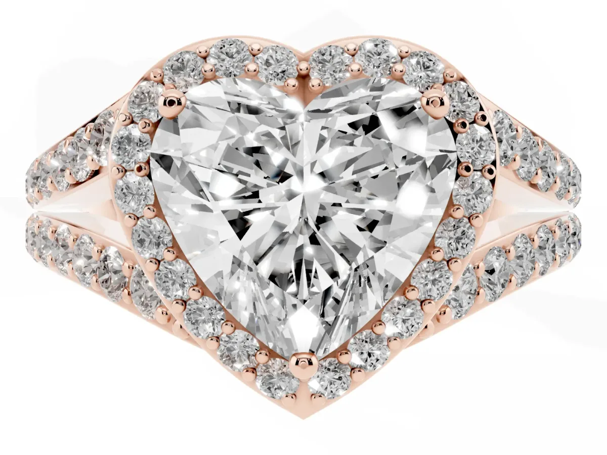 Heart Cut Diamond Split Shank Halo Ring with Four-Prong Setting Rose gold