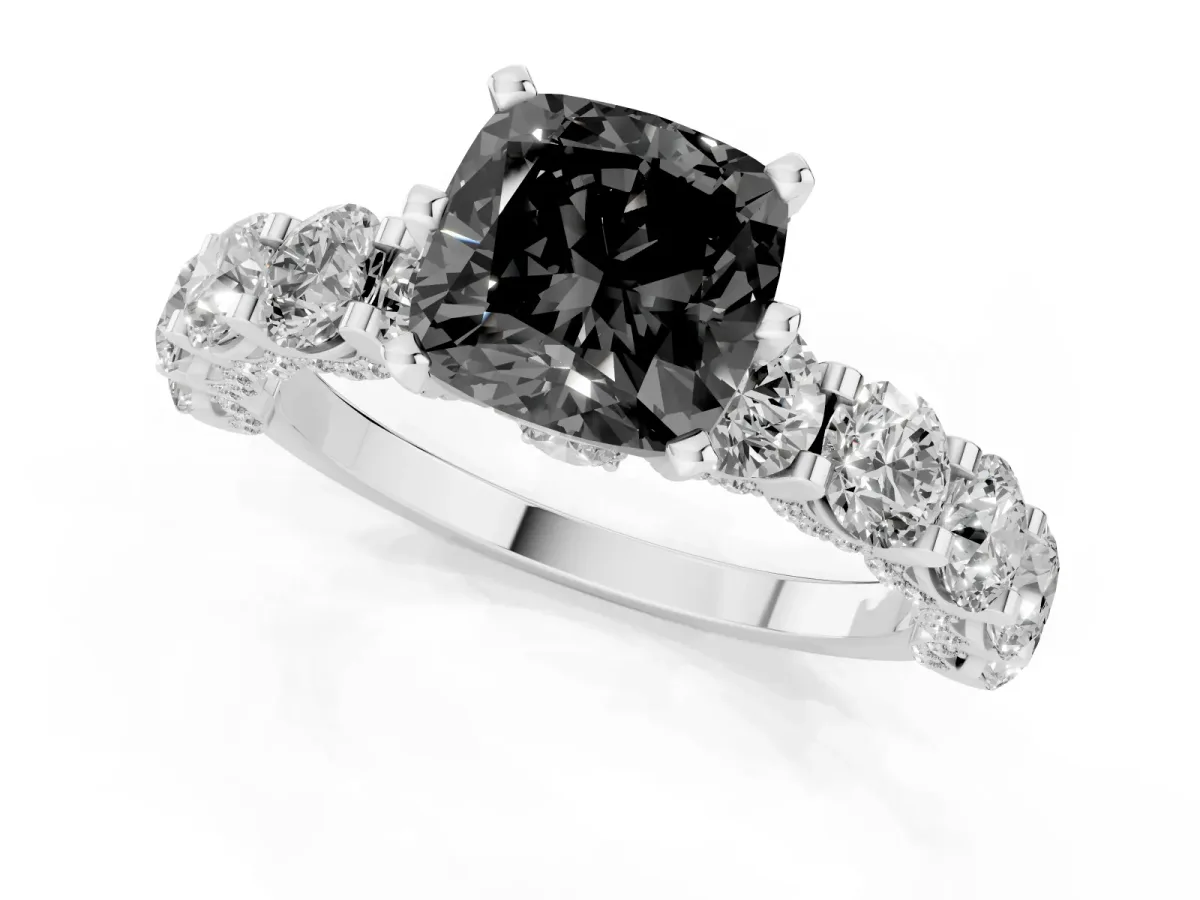 Fancy Black Cushion Cut Diamond Side Stone Engagement Ring with Four-Prong Setting Silver