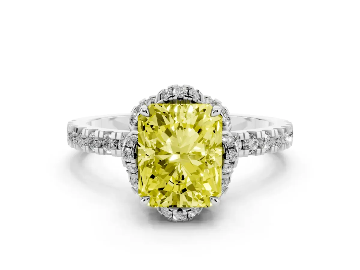 Fancy Yellow Radiant Cut Halo Diamond Pave Band Ring with Four-Prong Setting Silver