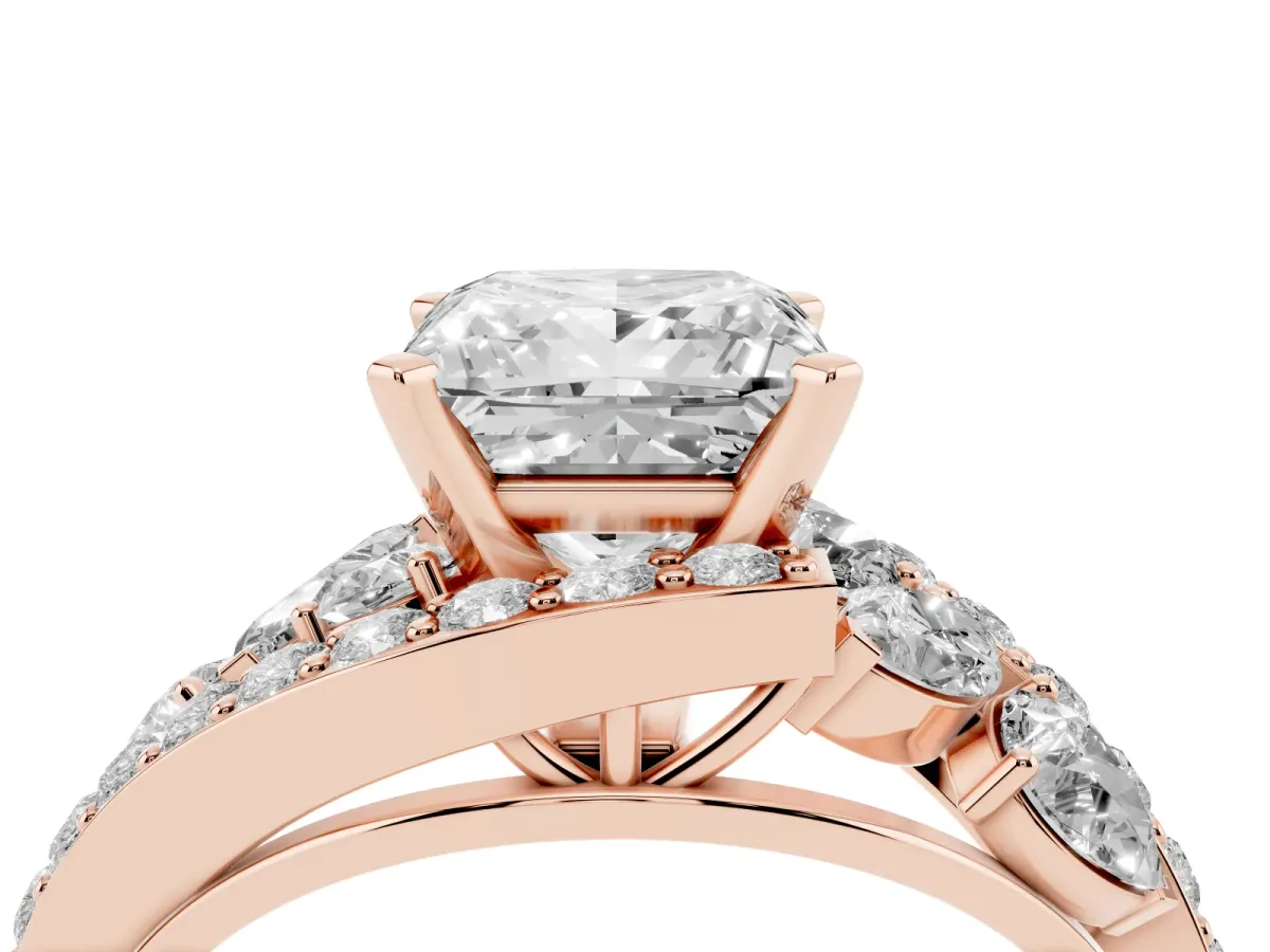 Princess Cut Diamond Halo Ring with Marquise and Pavé Band in Prong Setting Rose gold