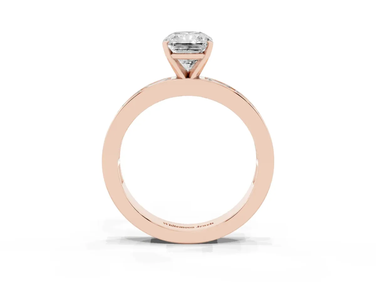 Radiant Cut Solitaire Diamond Ring with Channel-Set Baguette Band and Four-Prong Setting Rose gold