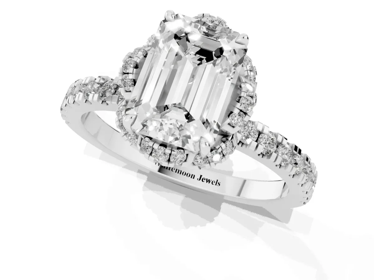 Emerald Cut Halo Diamond Pave Band Ring with Four-Prong Setting Platinum