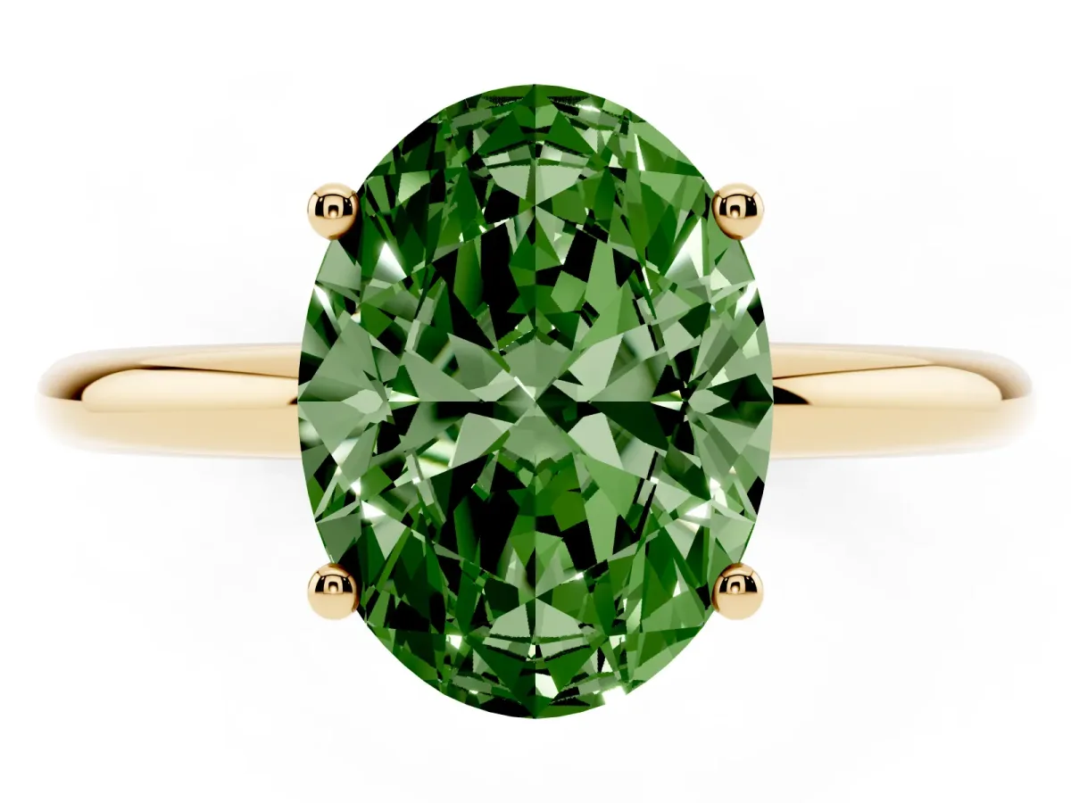 Fancy Green Oval Cut Cut Solitaire Engagement Ring with Four-Prong Setting and Classic Band Yellow gold