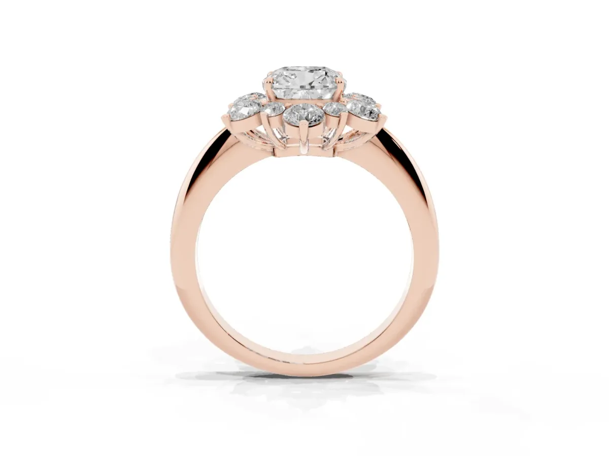 Cushion Cut Diamond Cluster Halo Ring with Solitaire Band and Four-Prong Setting Rose gold