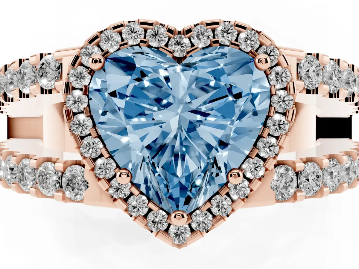 Fancy Blue Heart Cut Cut Halo Split Shank Diamond Ring with Four-Prong Setting Rose gold