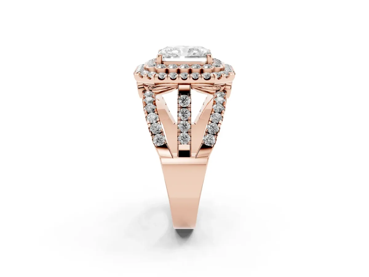 Radiant Cut Diamond Double Halo Ring with Round Pavé Split Shank and Prong Setting Rose gold
