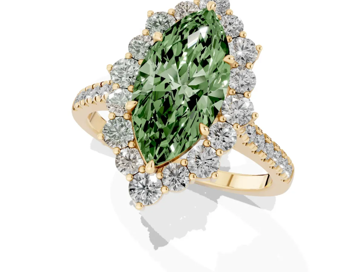 Fancy Green Marquise Cut Halo Diamond Ring with Pavé Band and Prong Setting Yellow gold