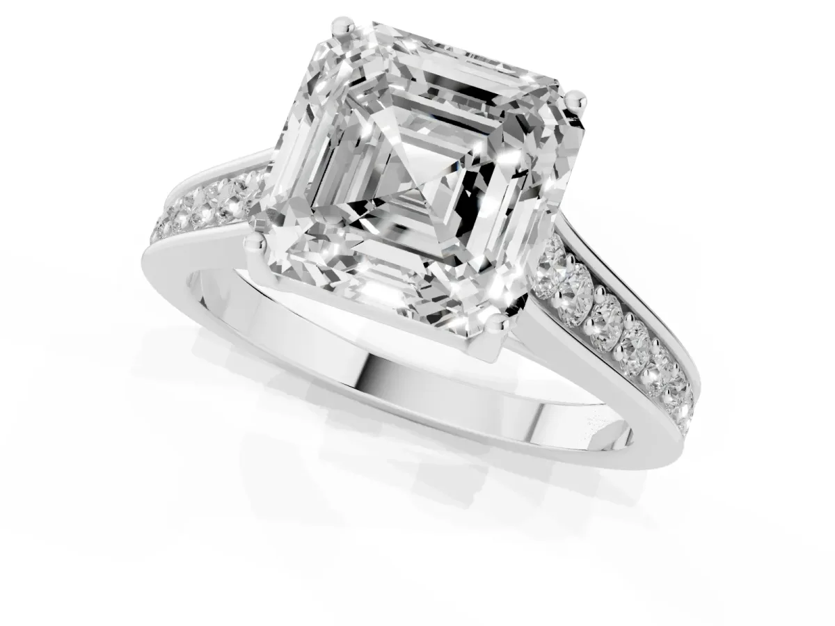 Asscher Cut Brilliant Cut Diamond Engagement Ring with Pavé Band and Four-Prong Setting Silver