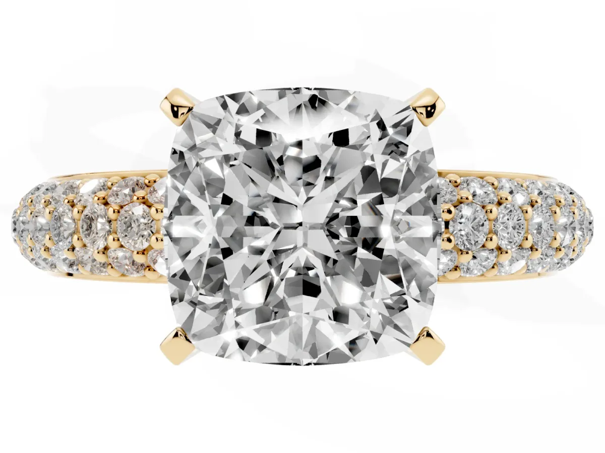 Cushion Cut Diamond Solitaire Ring with Prong Setting and Pavé Band Yellow gold