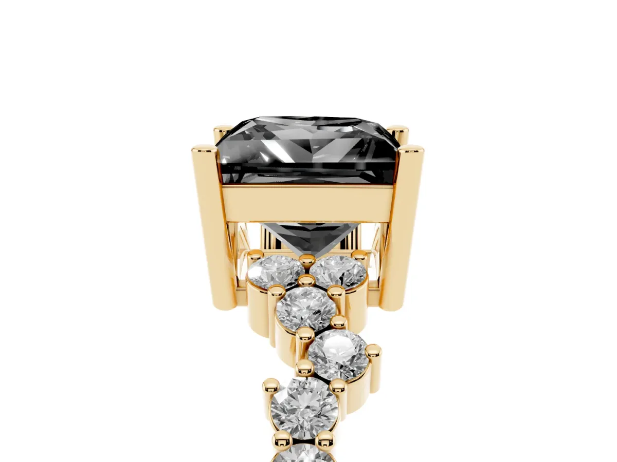 Fancy Black Princess Cut Diamond Scattered Round Accent Ring with Prong Setting Yellow gold