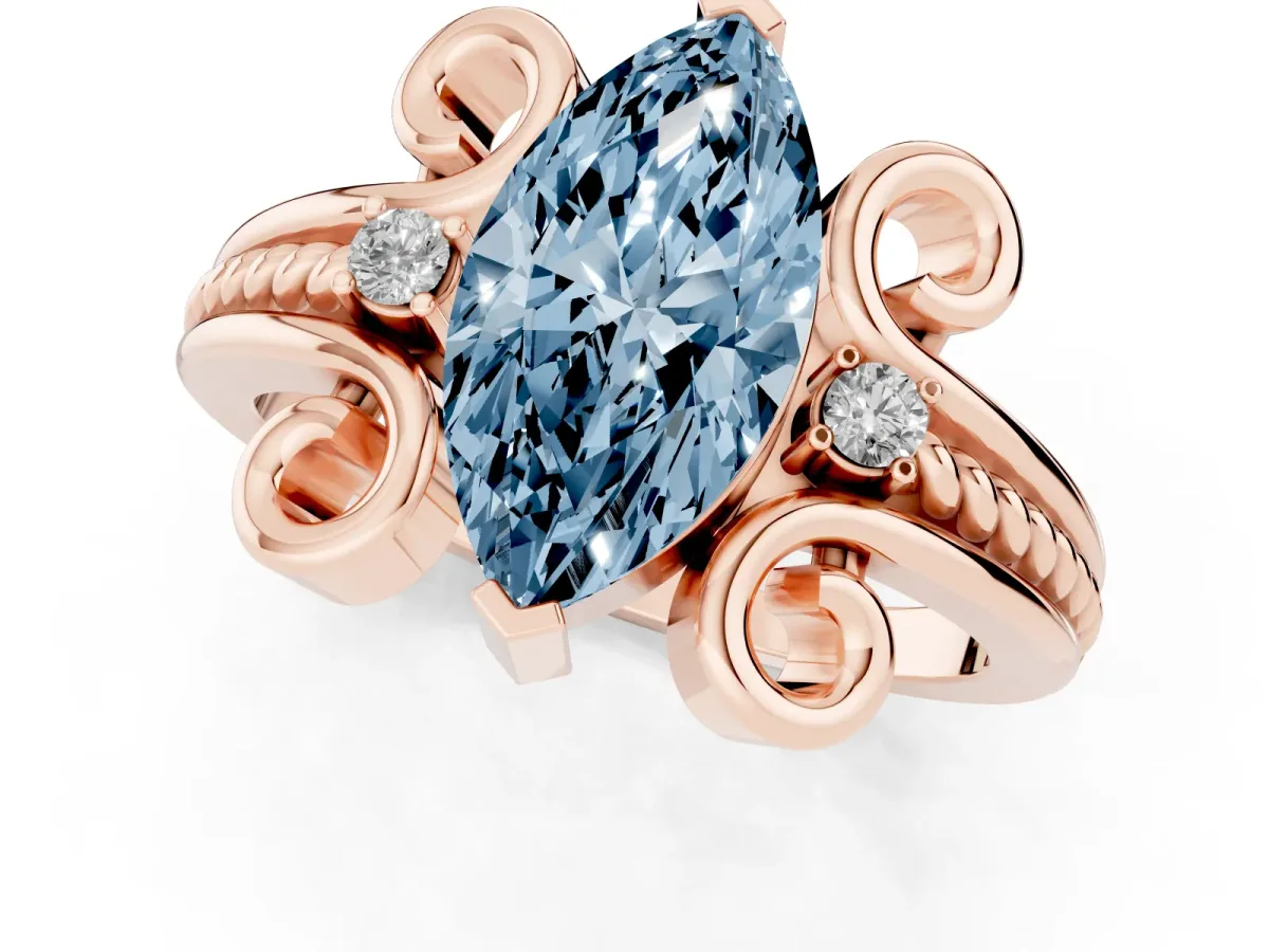Fancy Blue Marquise Cut Solitaire Twisted Band Scroll Prong Ring Rose gold