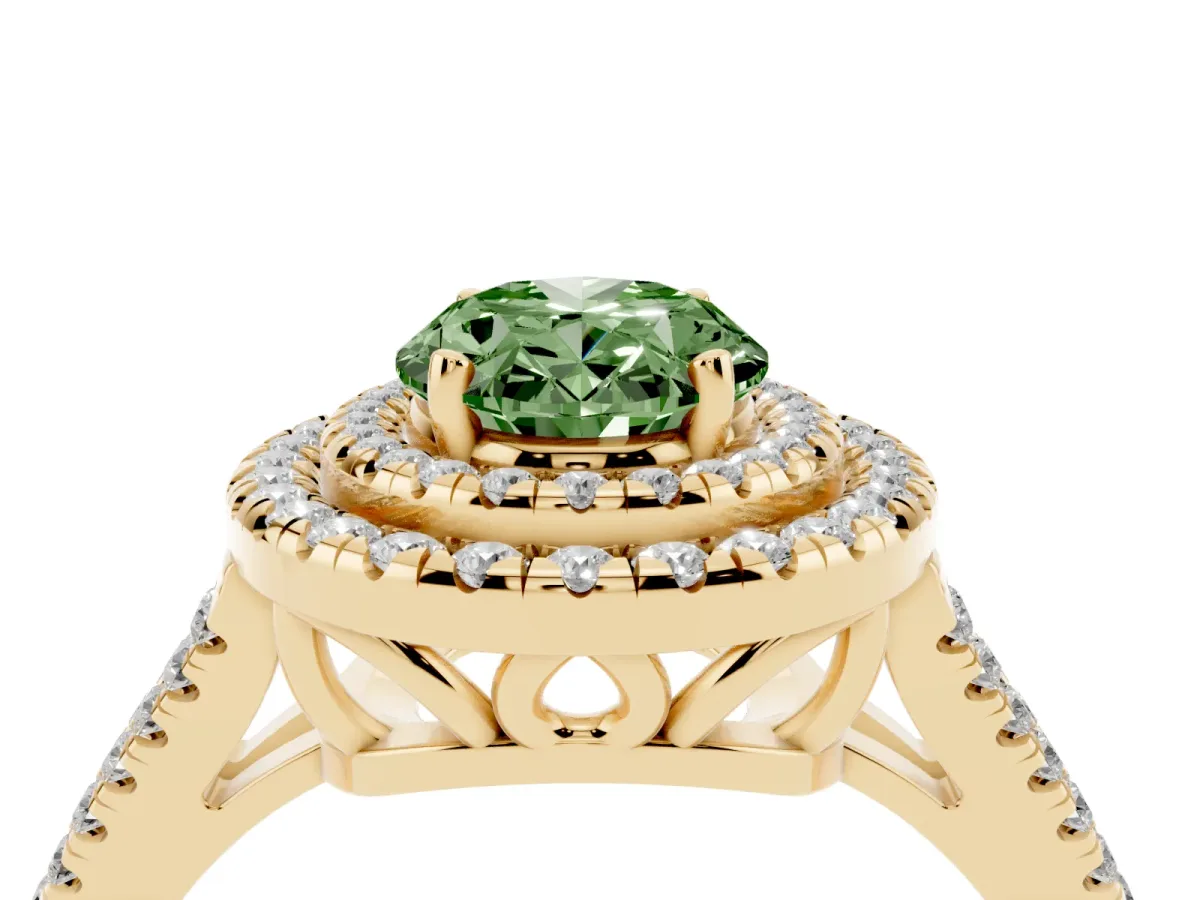 Fancy Green Oval Cut Diamond Double Halo Ring with Pavé Band and Prong Setting Yellow gold