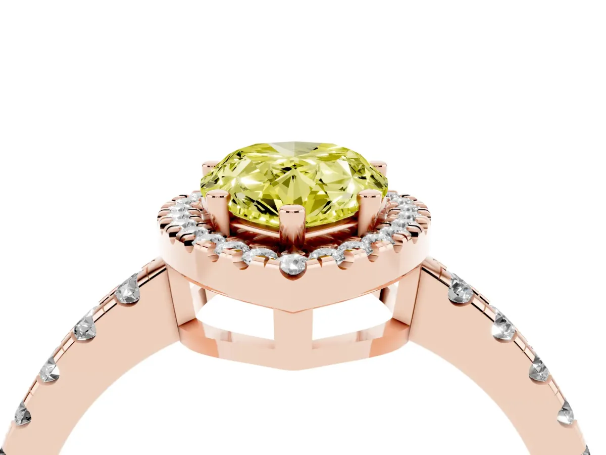 Fancy Yellow Pear Cut Diamond Halo Ring with Pavé Band and Four-Prong Setting Rose gold