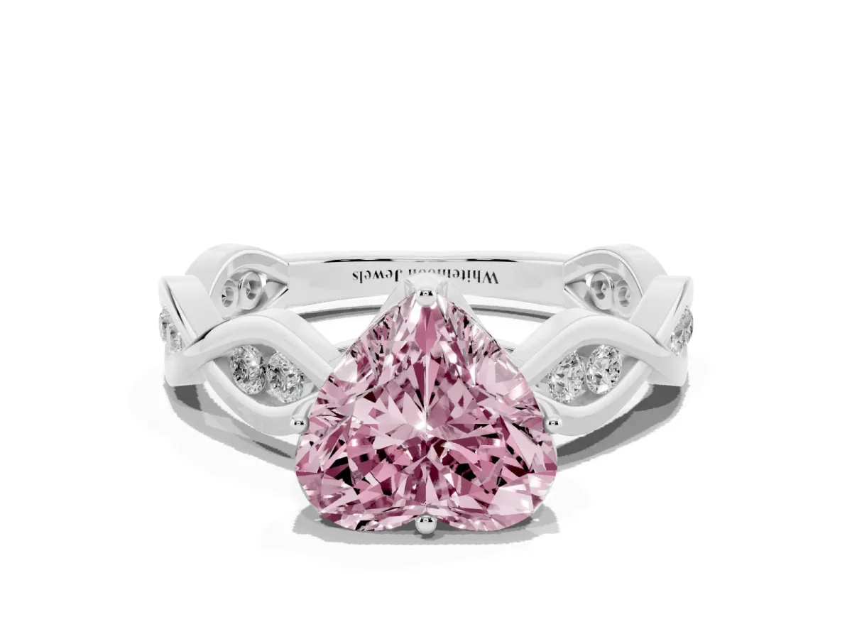 Fancy Pink Heart Cut Solitaire Twist Band with Leaf Prong Setting Platinum