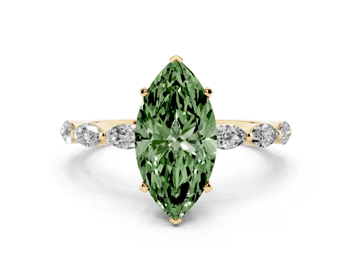 Fancy Green Marquise Cut Diamond Ring with Marquise Side Stones and Prong Setting Yellow gold