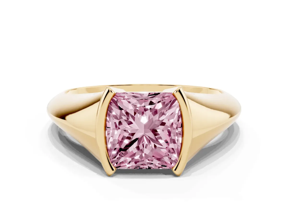 Fancy Pink Princess Cut Solitaire Tension Set Diamond Ring Yellow gold