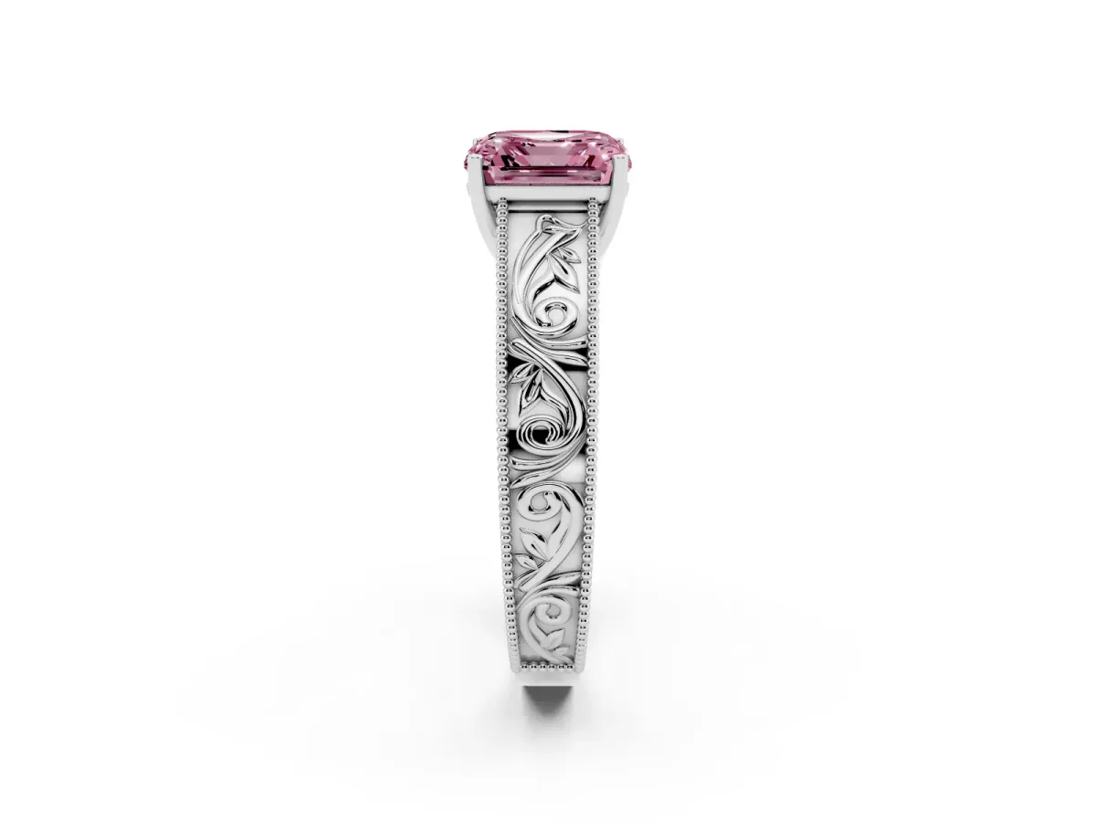 Fancy Pink Asscher Cut Diamond Solitaire Ring with Engraved Band and Four-Prong Setting Silver