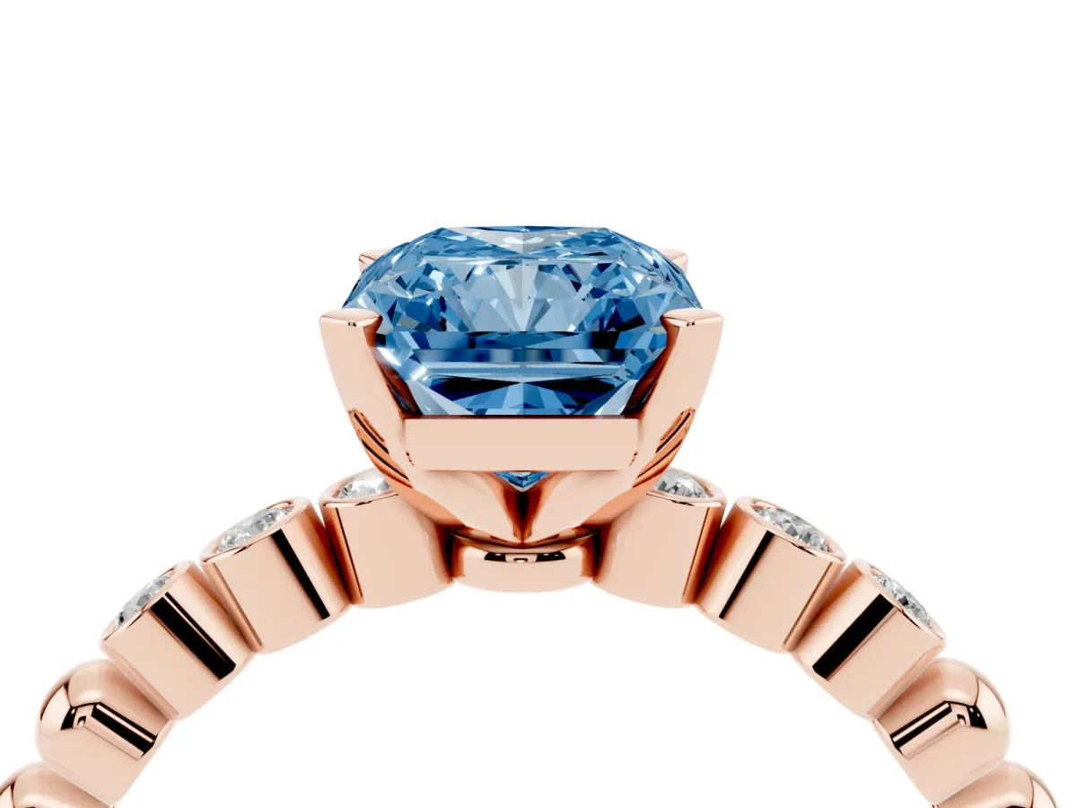 Fancy Blue Radiant Cut Solitaire Bezel Accent Diamond Engagement Ring with Beaded Band and Four-Prong Setting Rose gold