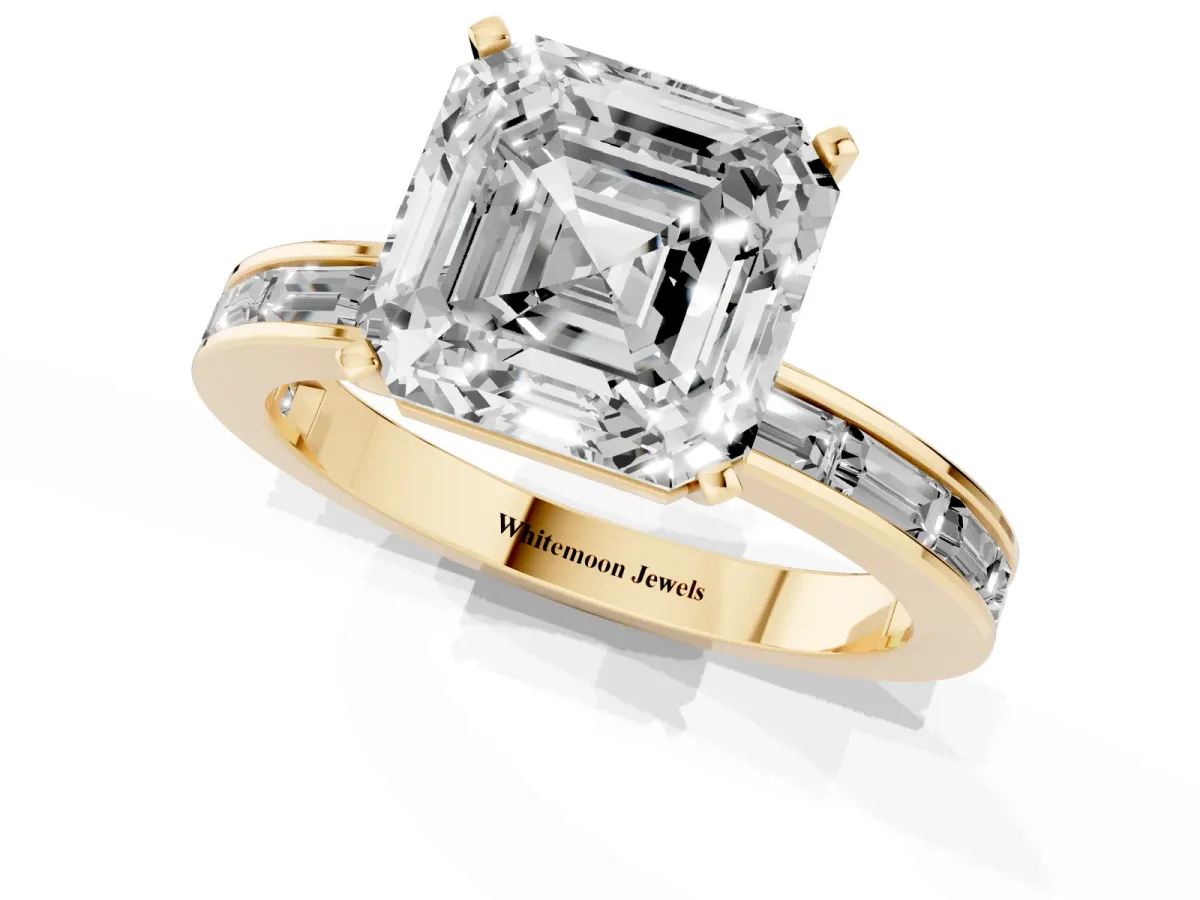 Asscher Cut Solitaire Diamond Ring with Channel-Set Baguette Band and Four-Prong Setting Yellow gold