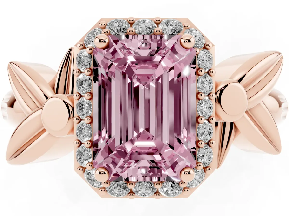 Fancy Pink Emerald Cut Halo Diamond Floral Band with Four-Prong Setting Rose gold