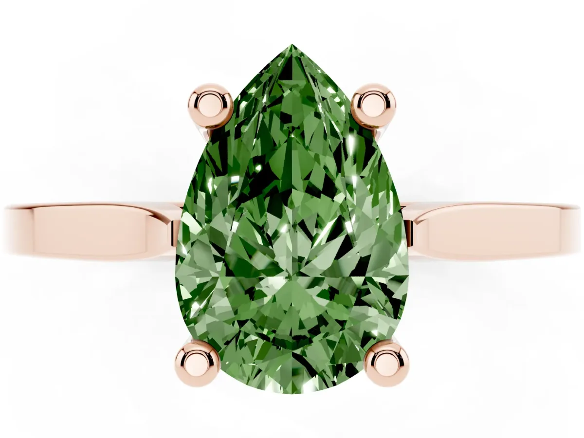 Fancy Green Pear Cut Solitaire Diamond Ring with Four-Prong Setting and Tapered Band Rose gold