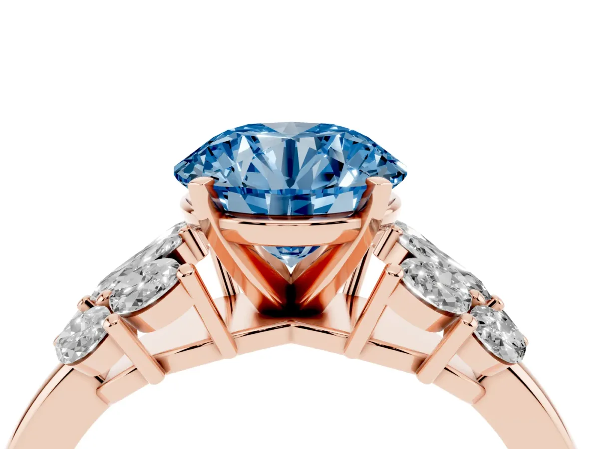 Fancy Blue Round Cut Diamond Cluster Leaf Design Ring with Prong Setting Rose gold