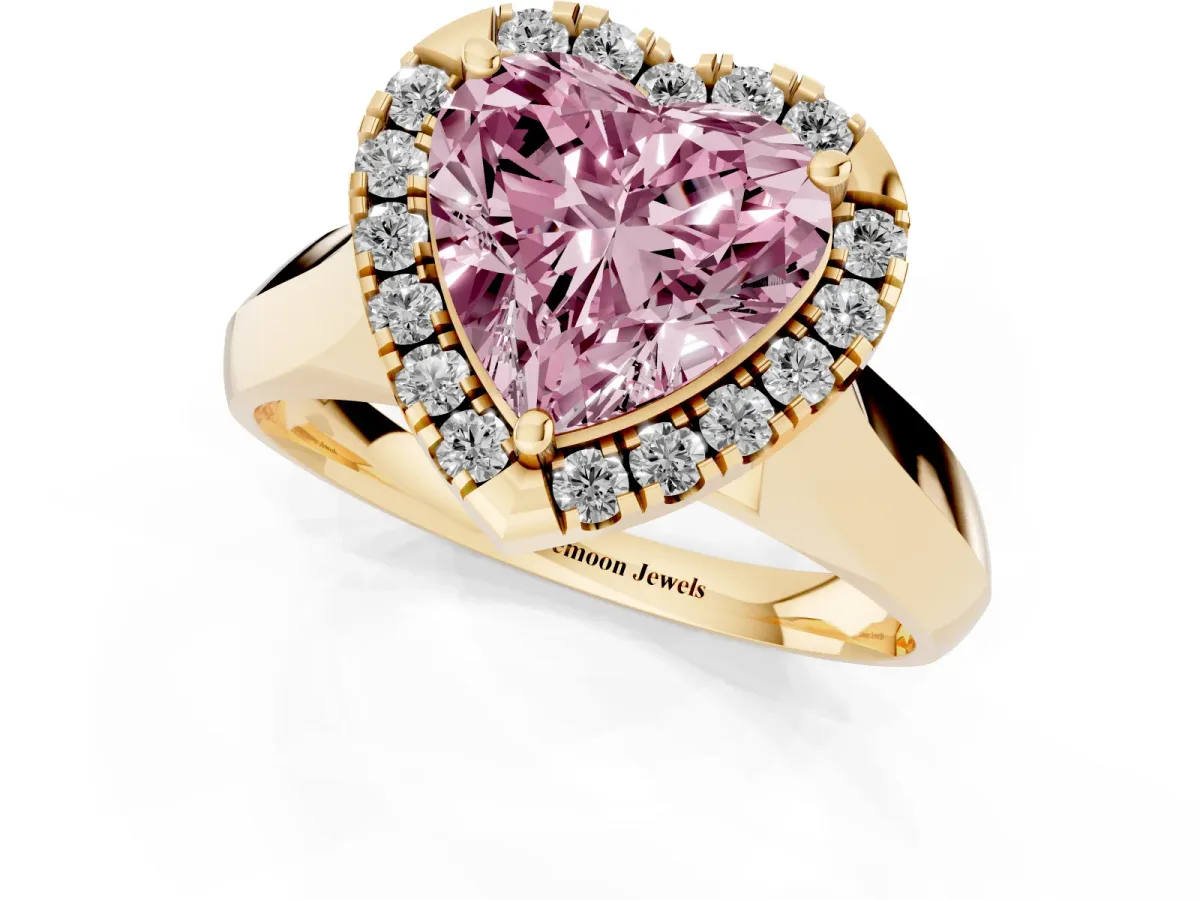Fancy Pink Heart Cut Cut Halo Solitaire Engagement Ring with Square Band and Four-Prong Setting Yellow gold