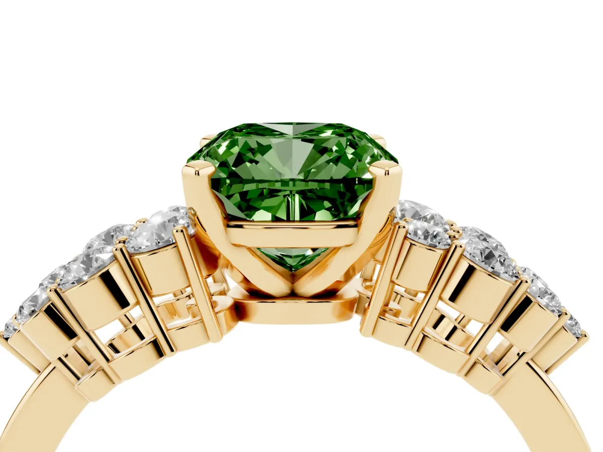 Fancy Green Cushion Cut Cluster Diamond Engagement Ring with Pavé Band and Four-Prong Setting Yellow gold