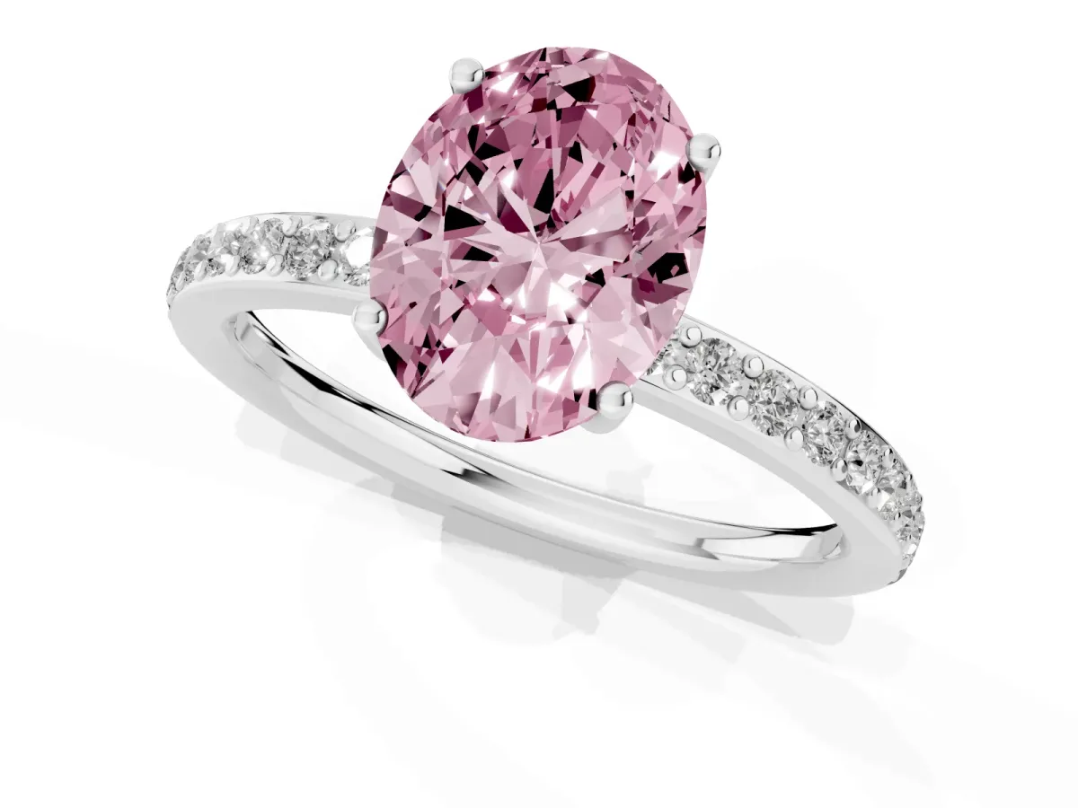 Fancy Pink Oval Cut Cut Diamond Pavé Band Ring with Four-Prong Setting Silver