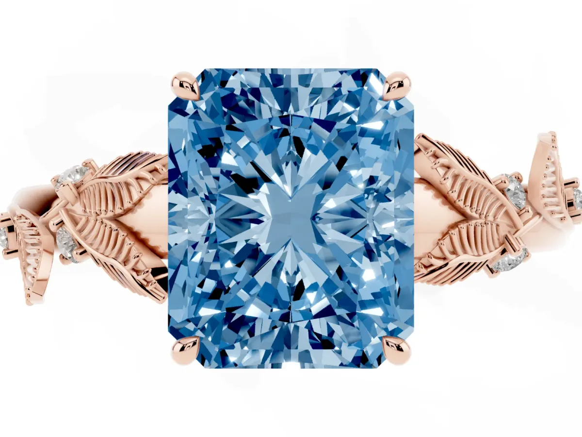 Fancy Blue Radiant Cut Diamond Solitaire Ring with Leaf Motif Band and Four-Prong Setting Rose gold