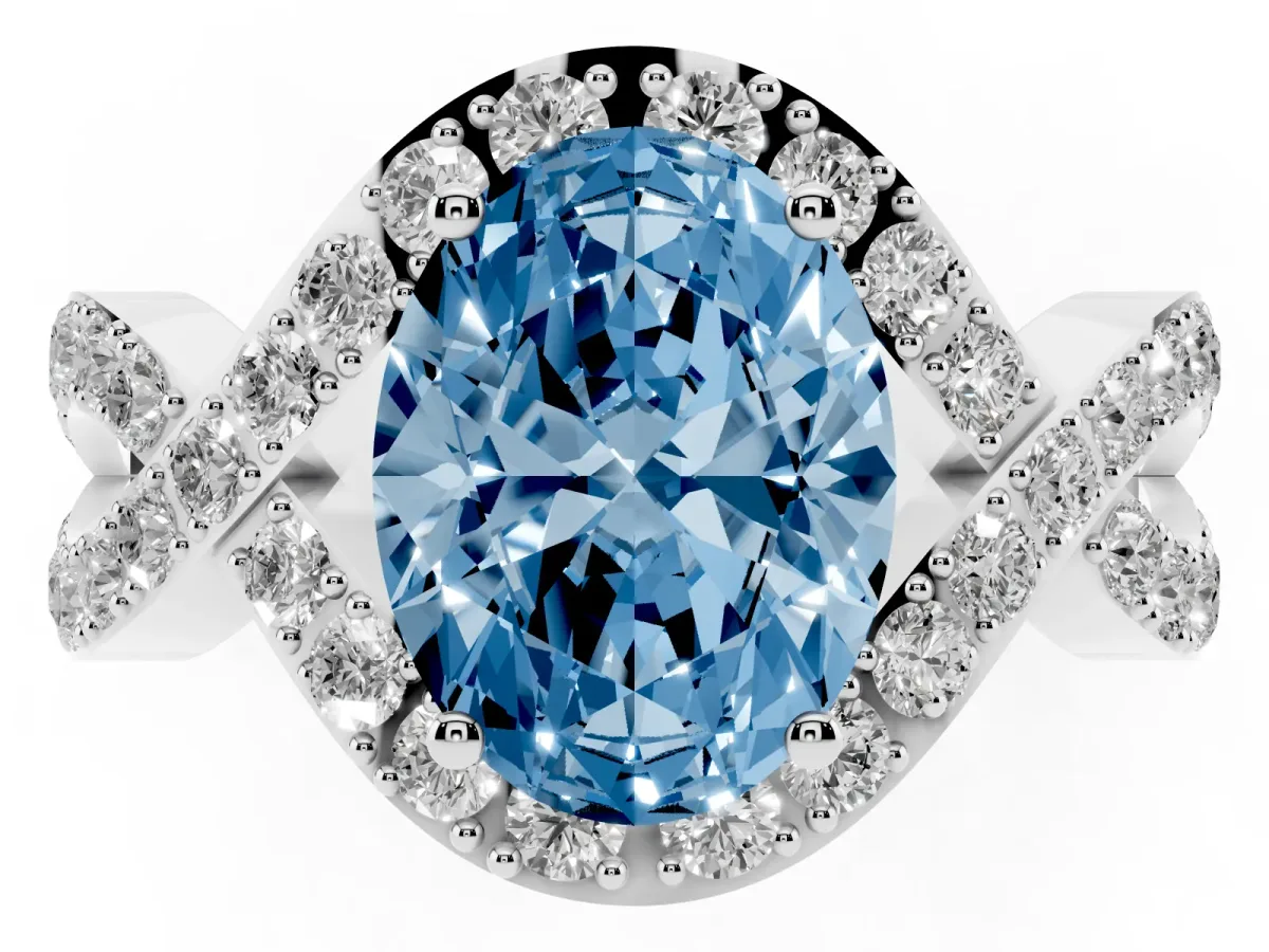 Fancy Blue Oval Cut Solitaire Twist Band Pavé Diamond Engagement Ring Silver