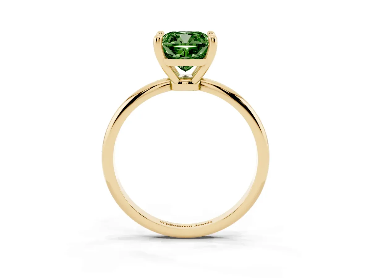 Fancy Green Cushion Cut Solitaire Diamond Ring with 4-Prong Setting on a Classic Band Yellow gold